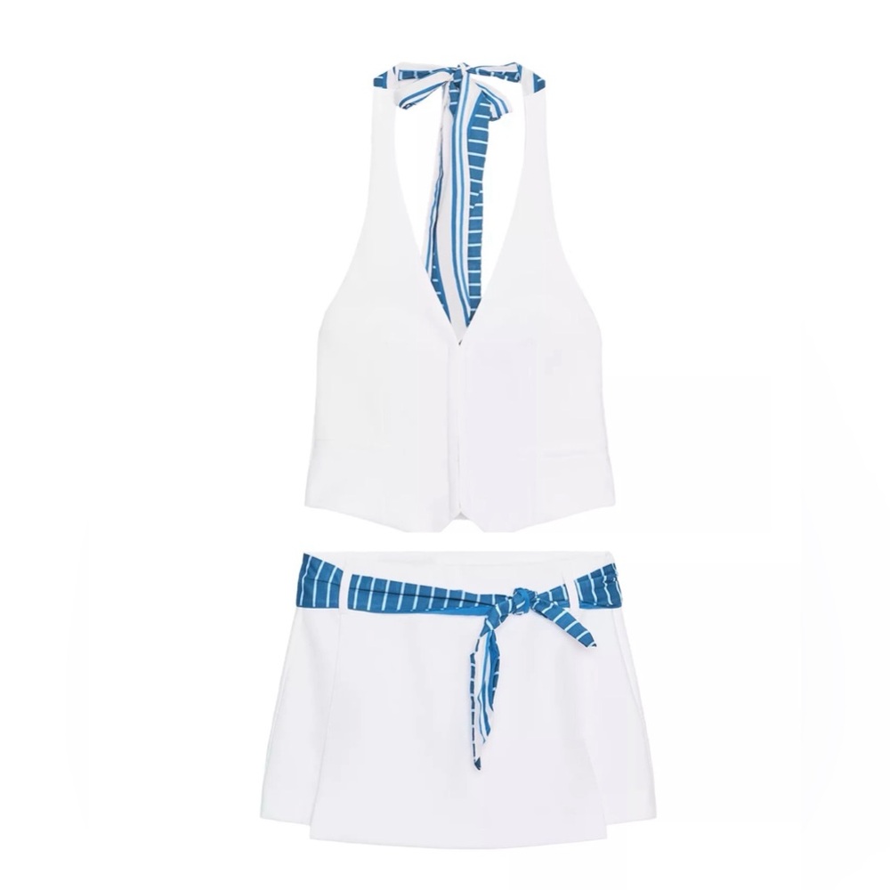 Zara Set - White Halter and Skort with Blue Scarf Ties